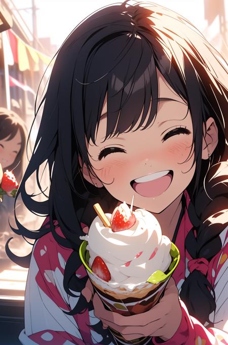 18662-95118833-1girl, food, smile, ice cream, blush, closed eyes, fruit, solo, parfait, bangs, holding, strawberry, grin, shirt, facing viewer,.png